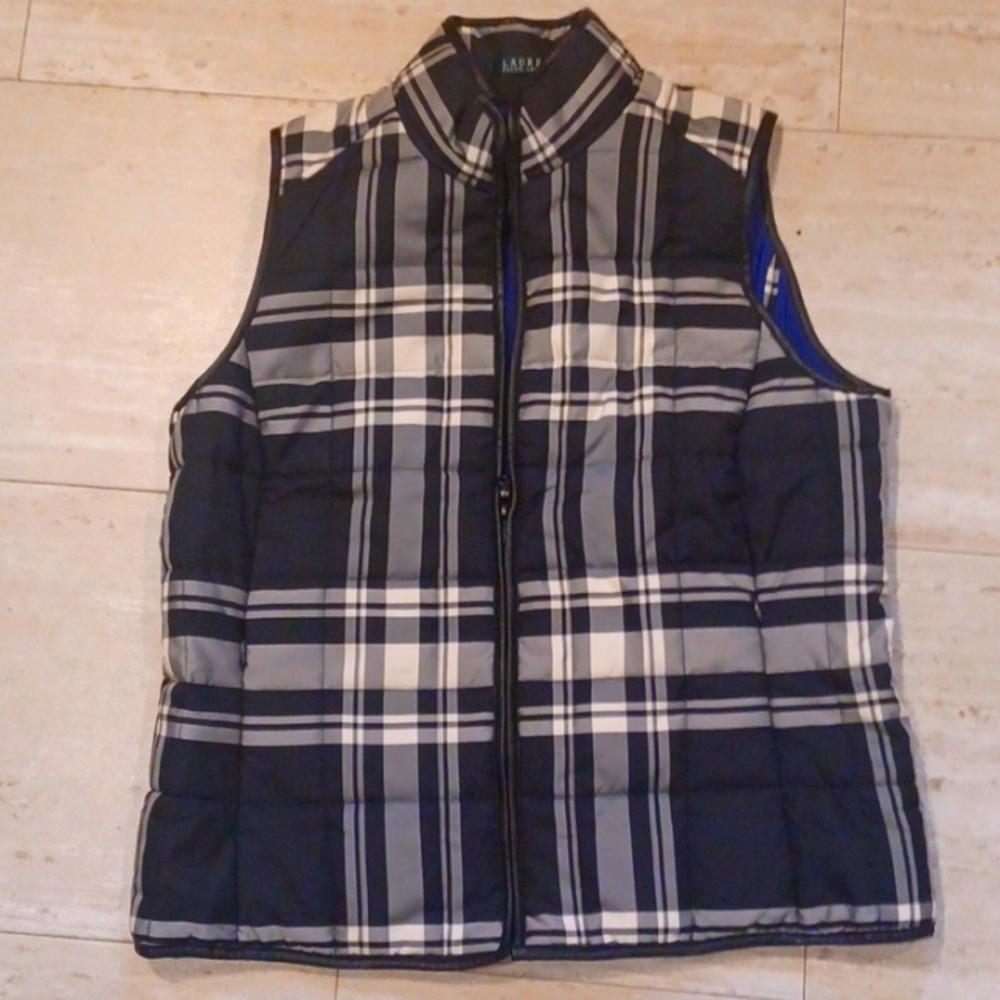 Lauren Ralph Lauren Stylish Plaid Black/Ivory Cream Quilted Vest